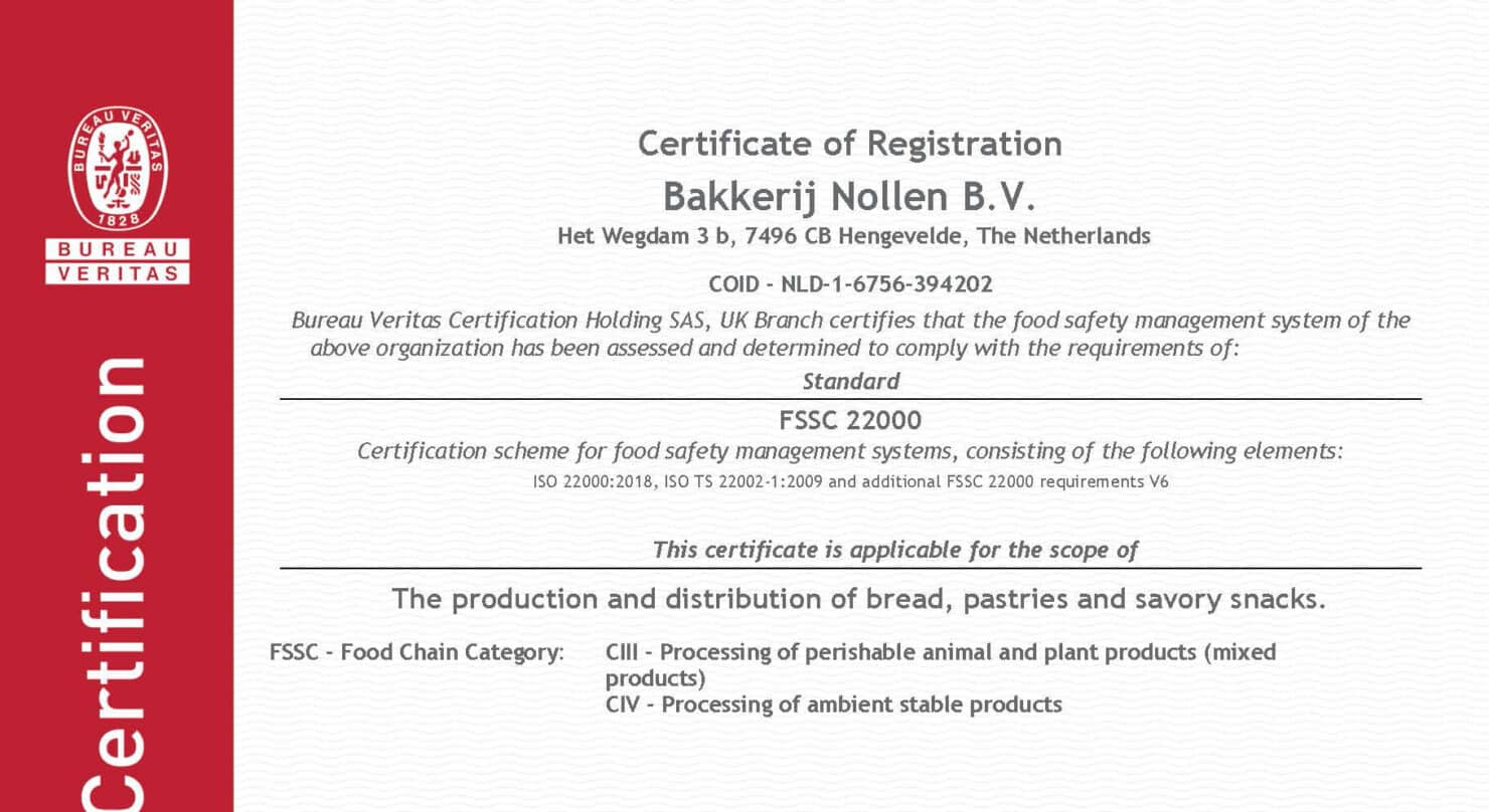 Ambachtelijke Bakkerij Nollen heeft Certificaat Fssc 22000 behaald